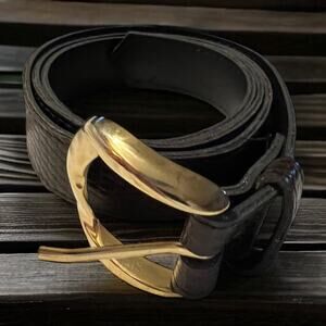 Vintage Brown Reptile Embossed Leather Belt Gold Buckle Size 14 Adjustable Waist